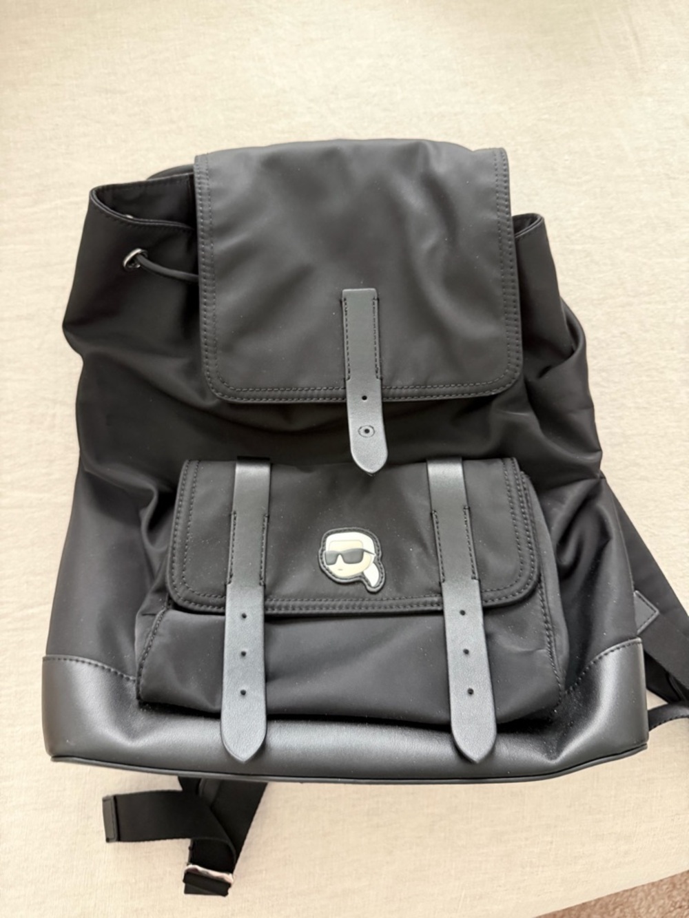 Karl Lagerfeld Black Nylon Backpack with Logo Patch